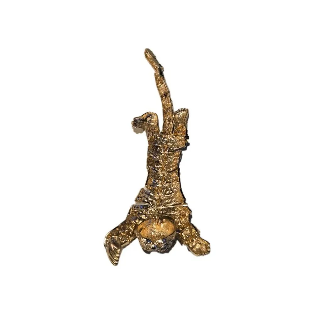 New Cheetah Shoulder Brooch Moving Rhinestone Gold Tone Black Green Eyes Jewelry